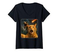 Womens Cat Selfie with a T-Rex Funny Dinosaur Meme V-Neck T-Shirt