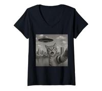 Womens Cat Selfie With Alien UFO Shirt Denver Cat UFO Invasion V-Neck T-Shirt