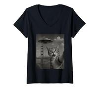 Womens Cat Selfie With Alien UFO Shirt San Francisco UFO Invasion V-Neck T-Shirt
