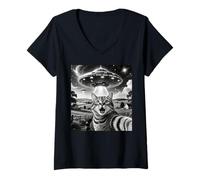 Womens Cat Selfie with Aliens UFO Funny Cats Alien Abduction V-Neck T-Shirt