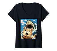Women's Cat Selfie with Shark Funny Cat Swim Attack Summer V-Neck T-Shirt