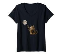 Womens Cat Series. Cat Reaching for The Moon. V-Neck T-Shirt