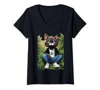 Womens Cat Seriously Guards a Cannabis Field 1 - Fan Fun V-Neck T-Shirt