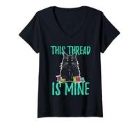 Women's Cat Sewing Hoarding Needlework Art This Thread is Mine V-Neck T-Shirt