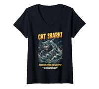Women's Cat Shark Terror from The Deeps Retro Ocean Monster Horror V-Neck T-Shirt