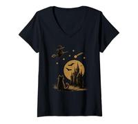 Womens Cat Silhouette Night Sky Comet Stars Moon Grunge Goth V-Neck T-Shirt
