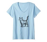 Women's Cat Sketch Abstract Kitty Scribble Art Minimalist V-Neck T-Shirt