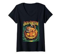 Womens Cat Sleeping in Jack O Lantern Pumpkin Halloween V-Neck T-Shirt