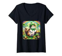 Women's Cat St. Patrick’s Day Magical Rainbow Funny Cat Lover Lucky V-Neck T-Shirt