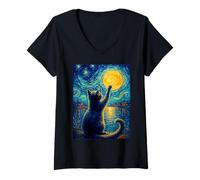 Women's Cat Starry Night Van Gogh for Gift Lover Cat Mom Cat Dad V-Neck T-Shirt