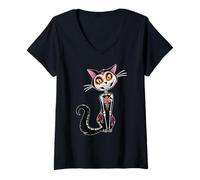 Women's Cat Sugar Skull Dia de Los Muertos, Day of The Dead V-Neck T-Shirt