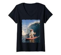 Women's Cat Surfing Giant Wave Wine Glass Beach Funny Design V-Neck T-Shirt