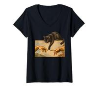 Women's Cat Swatting Hand Creation of Adam Funny Cat Art Parody V-Neck T-Shirt