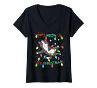 Womens Cat Tangled in Lights Light Meow Up Its Christmas Cats Lover V-Neck T-Shirt