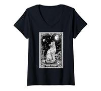 Womens Cat Tarot Card Witchy Moon Hat Halloween Black Cats Zodiac V-Neck T-Shirt