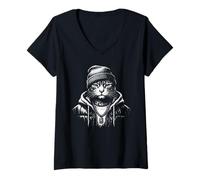 Women's Cat Vintage Washed Y2K Grunge Illustration Black & White V-Neck T-Shirt