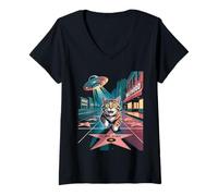 Womens Cat Walk of Fame Kitten LA Los Angeles UFO Alien V-Neck T-Shirt