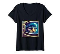 Womens Cat Wearing Spacesuit Space Astronaut Galaxy Spaceship V-Neck T-Shirt
