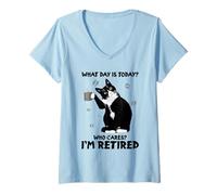 Women's Cat What Day is Today Who Care I'm Retired Coffee Funny V-Neck T-Shirt