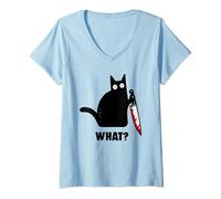 Womens Cat What? Funny Black Cat Shirt, Murderous Cat With Knife V-Neck T-Shirt
