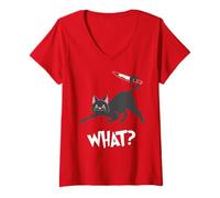 Womens Cat What? Funny Saying Black Cat Murderous Cat with Knife V-Neck T-Shirt