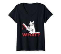 Womens Cat What? Funny White Cat, Murderous Cat With chainsaw V-Neck T-Shirt