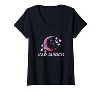 Women's Cat Witch on the Crescent Moon and Stars V-Neck T-Shirt