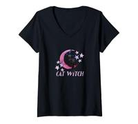 Women's Cat Witch on the Crescent Moon and Stars V-Neck T-Shirt