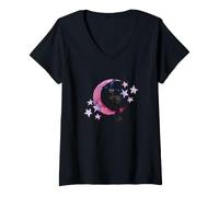 Women's Cat Witch on the Crescent Moon and Stars V-Neck T-Shirt
