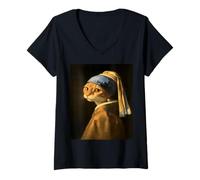 Womens Cat with a Pearl Earring - Vintage Art Parody Remix V-Neck T-Shirt