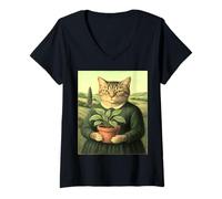 Womens Cat with a Plant - Vintage Art Parody Remix V-Neck T-Shirt