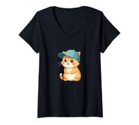 Women's Cat with Cap Funny Kitten Cute Cat Lover V-Neck T-Shirt