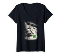 Women's Cat with Four-Leaf Clover St Patrick's Day Vintage Style V-Neck T-Shirt