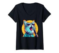 Womens Cat with Shades and Mic for Karaoke Friends V-Neck T-Shirt