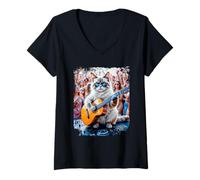 Womens Cat with Spanish Acoustic Guitar at Party Techno Festival V-Neck T-Shirt
