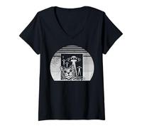 Womens Cat with UFO Alien Abduction Space Adventure V-Neck T-Shirt