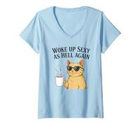 Women's Cat Woke Up Sexy As Hell Again Funny Coffee V-Neck T-Shirt