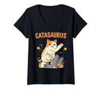 Womens Catasaurus Funny Cat Movie Poster Parody Graphic V-Neck T-Shirt