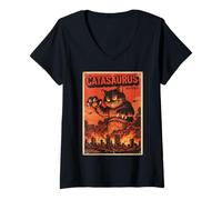 Womens Catasaurus Vintage Japanese Movie Parody Funny Cat Graphic V-Neck T-Shirt