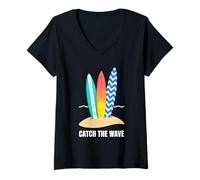 Womens Catch The Wave Summer Coastal Graphic Design V-Neck T-Shirt