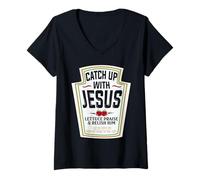 Women's Catch Up with Jesus Faith Based Christian Bible Pun Religion V-Neck T-Shirt