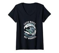 Womens Catch Waves Not Worries Turtle Surf Retro Sea V-Neck T-Shirt