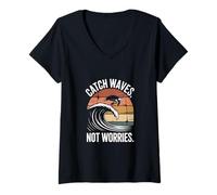 Womens Catch Waves Not Worries Turtle Surf Retro Sea V-Neck T-Shirt