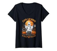 Women's Cath Lab Nurse Halloween Spooky Ghost Cardiac Nursing V-Neck T-Shirt