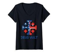 Womens Catholic Knight Templar Crusader Cross American Flag V-Neck T-Shirt