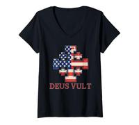 Womens Catholic Knight Templar Crusader Cross American Flag V-Neck T-Shirt