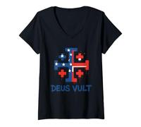 Womens Catholic Knight Templar Crusader Cross American Flag V-Neck T-Shirt