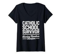 Women's Catholic School Survivor Funny Kneeling Marathon Champion V-Neck T-Shirt