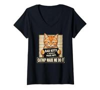 Women's Catnip Made Me Do It Bad Kitty Cat Mugshot V-Neck T-Shirt