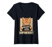 Women's Catnip Made Me Do It Bad Kitty Cat Mugshot V-Neck T-Shirt